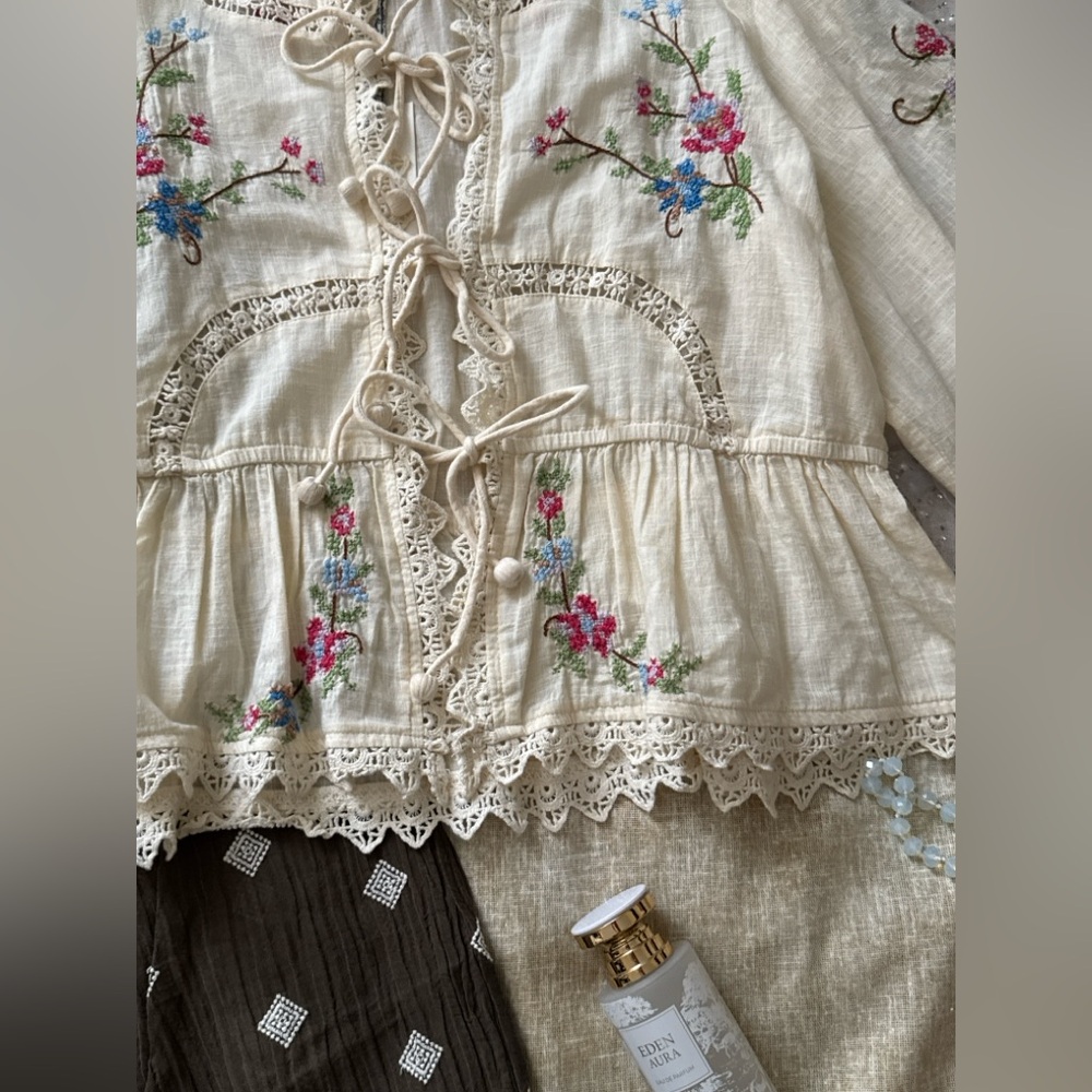 Ivory Nude Embroidered Peasant Blouse with Lace Ties - Picture 4 of 12